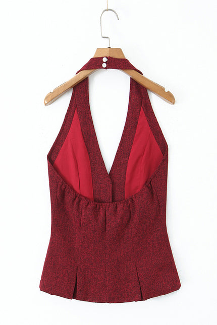 Back Hollow Out Red Color Buttons up Sleeveless Casual Fashion Women's Halter Tank Top