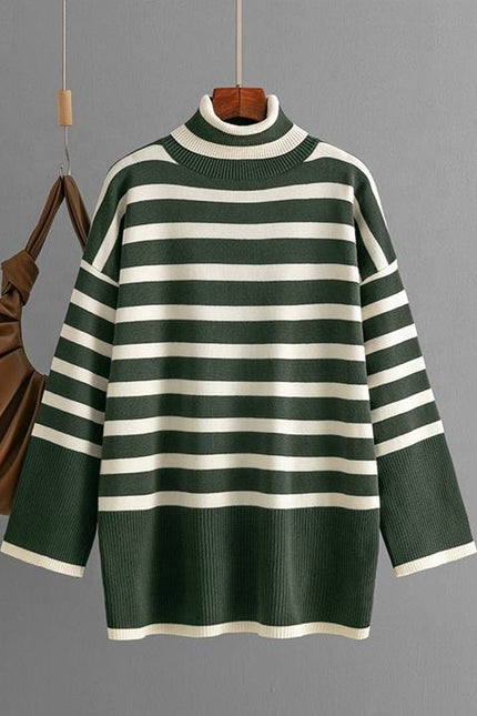Women's Turtleneck Striped Pullover Sweater Large Size Loose Casual Knit Top Street Wear Long Sleeve Fashion Basic Sweater