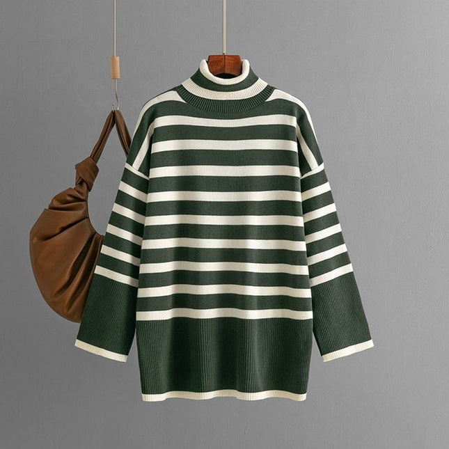 Women's Turtleneck Striped Pullover Sweater Large Size Loose Casual Knit Top Street Wear Long Sleeve Fashion Basic Sweater