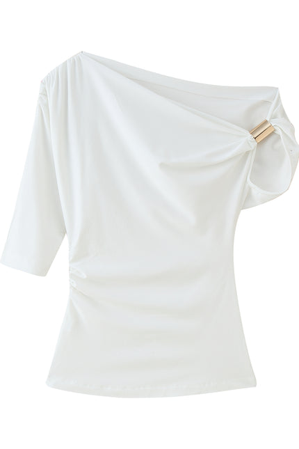 4 Colorway Asymmetrical Design Solid Color Short Sleeve Casual Fashion Tops for Women