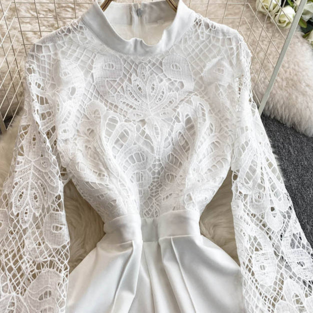 Lace Patchwork Lantern Sleeve Jumpsuit for Women in Spring and Autumn Wide Leg Pants