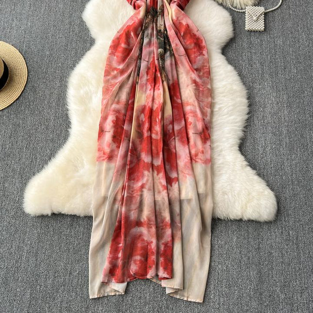 Women Printed French Halter Sleeveless Long Sexy Vacation Style Dresses