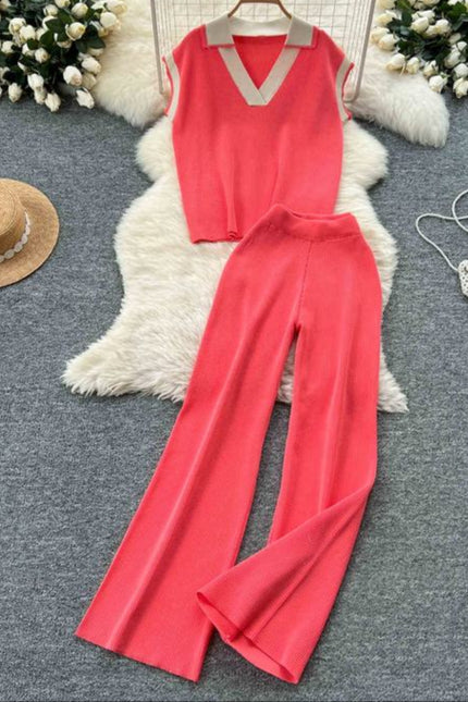 Two-piece Summer Outfit Sleeveless Knitted Top Retro Color-blocking Turn-down Collar and High Waist Wide Leg Trousers