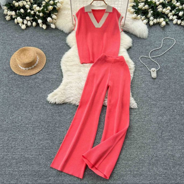 Two-piece Summer Outfit Sleeveless Knitted Top Retro Color-blocking Turn-down Collar and High Waist Wide Leg Trousers