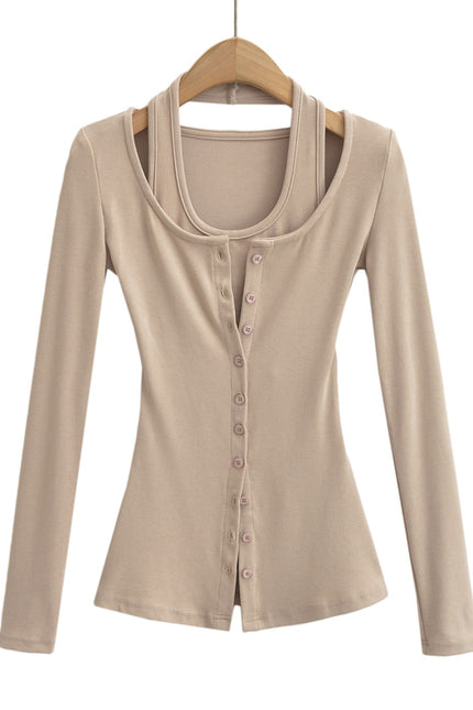 2 Colorway Solid Color Buttons up Long Sleeve Casual Fashion Women t Shirt