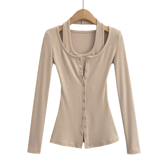 2 Colorway Solid Color Buttons up Long Sleeve Casual Fashion Women t Shirt