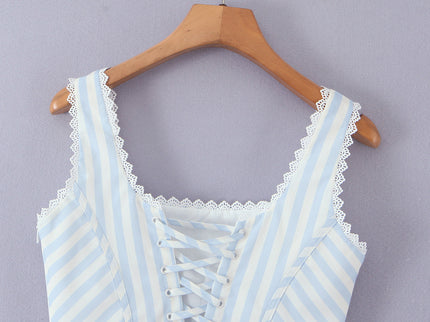 Shoulder Strap Blue White Color Lace up Hot Sale Casual Fashion Women's tank Tops