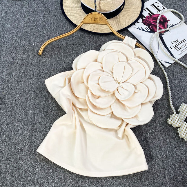 Estereoscópico Grande Flor Slant Pescoço Um Ombro Halter Vest Mulheres Outer Backless Top