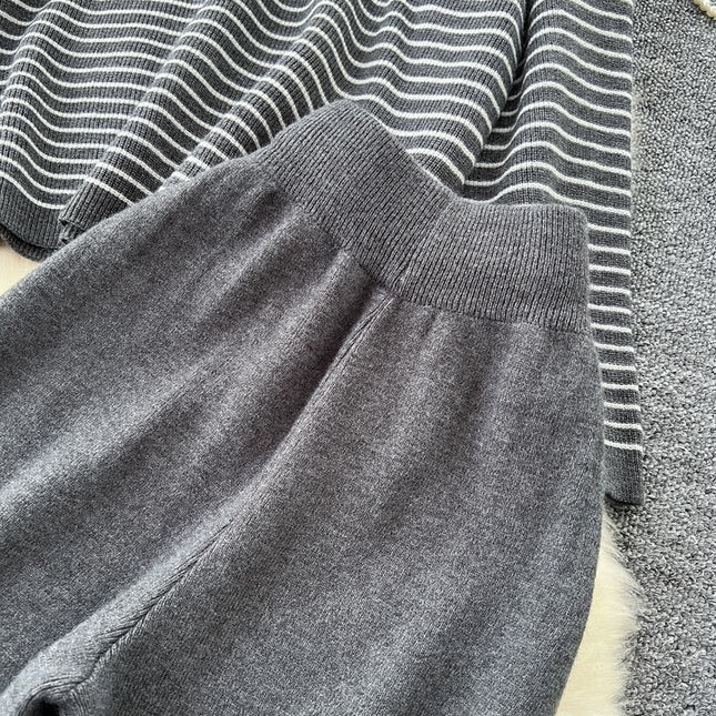 Women Knitwear 2 Piece Set T-shirt + Long Pants Suits Sports Outwear Striped Loose Lady Knitting Sweater Suits
