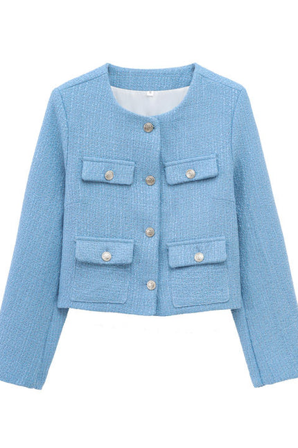 4 Colorway Crew Neck Solid Color Single Breasted Long Sleeve Casual Fashion Tweed Jacket for Women