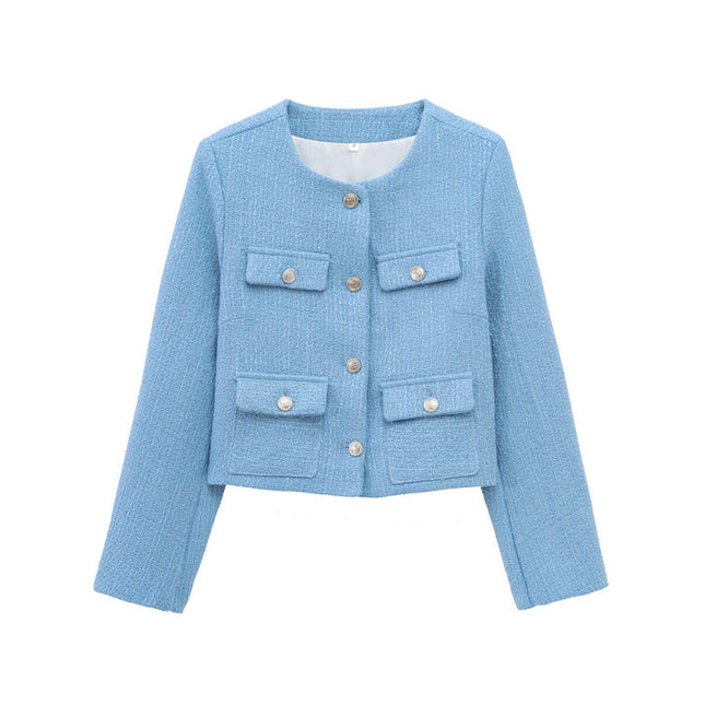 4 Colorway Crew Neck Solid Color Single Breasted Long Sleeve Casual Fashion Tweed Jacket for Women