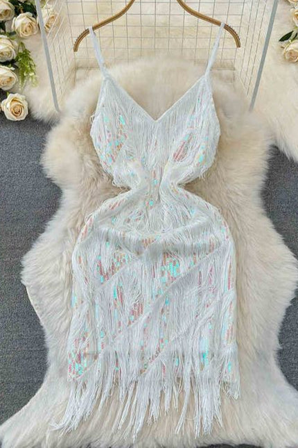 Women Sequined Tassel V-neck Mini Party Dresses Solid Color Luxury French Clubwear Straps Dress