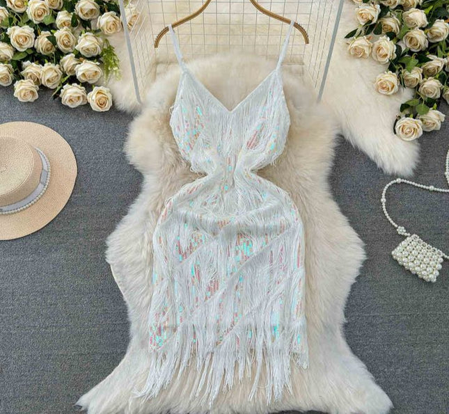 Women Sequined Tassel V-neck Mini Party Dresses Solid Color Luxury French Clubwear Straps Dress