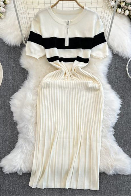 Summer Clashing Color Round Neck Zipper Waisted Knit Tight Casual Dresses