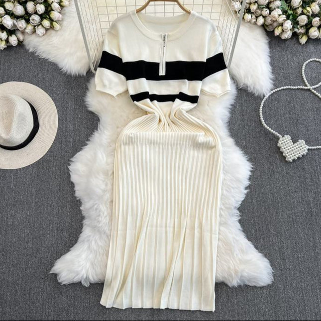 Summer Clashing Color Round Neck Zipper Waisted Knit Tight Casual Dresses