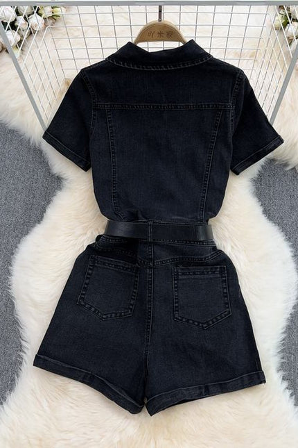 Summer Women's Polo Short Sleeve Single Breasted Denim Jumpsuit Fashion Wide Leg Shorts Jumpsuit