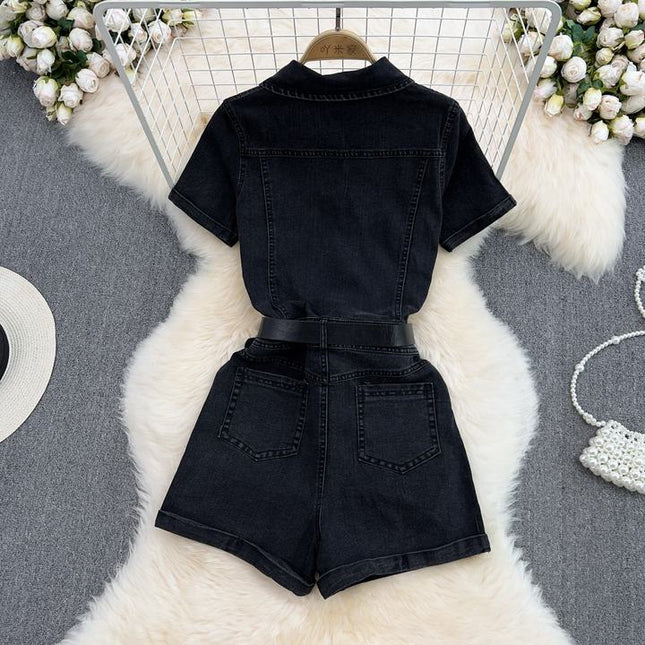 Summer Women's Polo Short Sleeve Single Breasted Denim Jumpsuit Fashion Wide Leg Shorts Jumpsuit