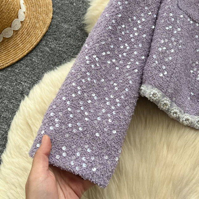 Fashion 2025 Beading Round Neck Sequins Long Sleeve Jacket Slim Skirt Women Two Piece Set