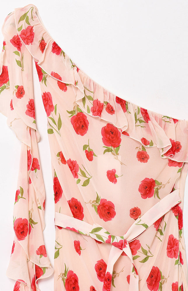 Asymmetrical Design Floral Print pink Color Sashes Casual Fashion Long Dress for Women