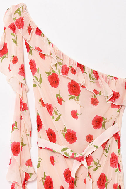 Asymmetrical Design Floral Print pink Color Sashes Casual Fashion Long Dress for Women