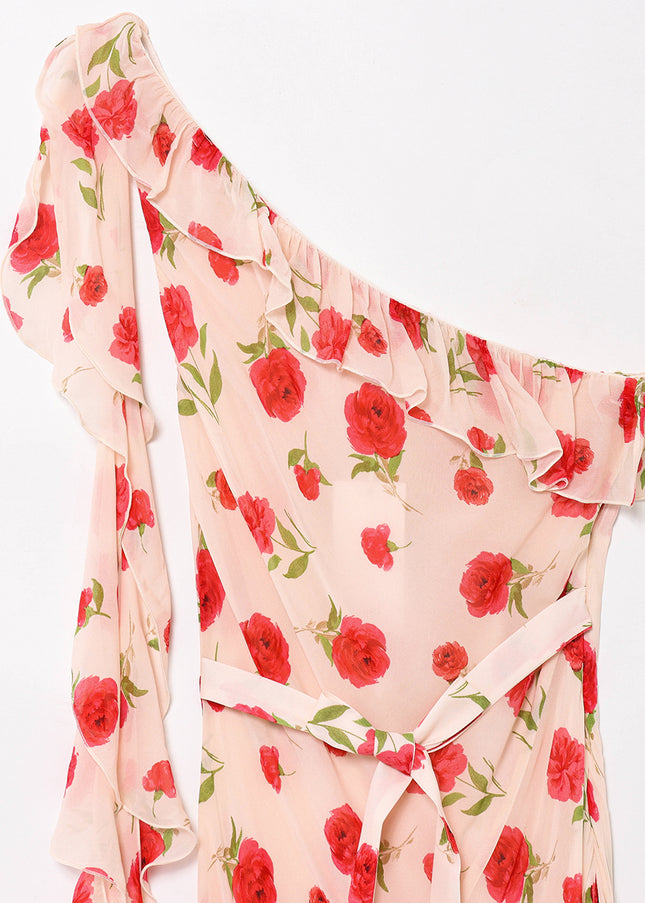 Asymmetrical Design Floral Print pink Color Sashes Casual Fashion Long Dress for Women