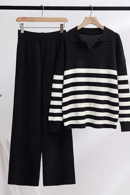 Wholesale New Knitting Suit Polo Collar Striped Sweater Set Loose Casual Top and Pants Sets Fashion Two-piece Set for Women