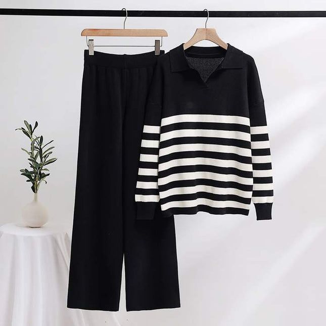 Wholesale New Knitting Suit Polo Collar Striped Sweater Set Loose Casual Top and Pants Sets Fashion Two-piece Set for Women