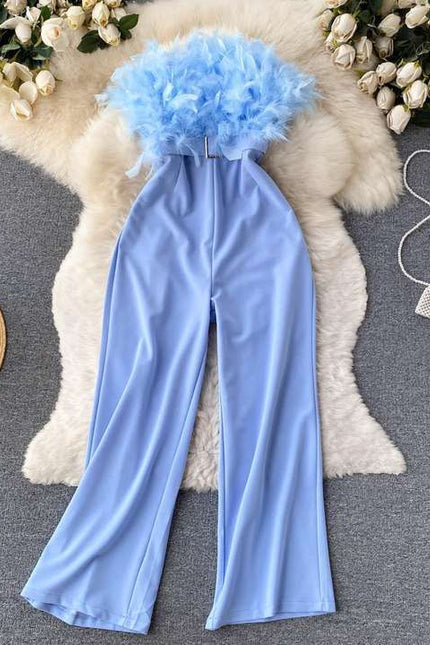 Luxury Feather Tassel Tube Top Jumpsuit Women High Waist Slimming Playsuits Lady Straight Wide Leg Jumpsuit Summer