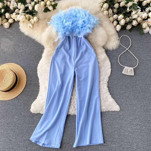 Luxury Feather Tassel Tube Top Jumpsuit Women High Waist Slimming Playsuits Lady Straight Wide Leg Jumpsuit Summer