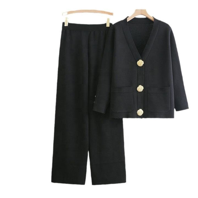Wholesale Fall and Winter New V-Neck Single Row Button Cardigan Top Wide Leg Pants Knitted Two-Piece Set