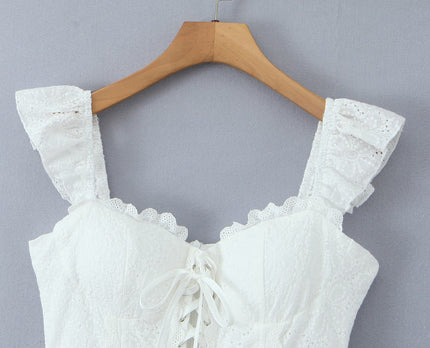 White Color Shoulder Strap Front Lace up Hot Sale Casual Fashion Cotton Mini slip Dress for Ladies