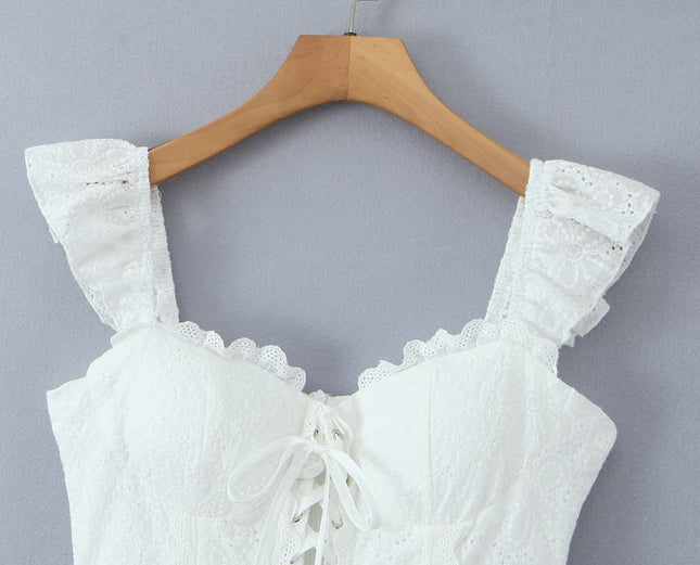 White Color Shoulder Strap Front Lace up Hot Sale Casual Fashion Cotton Mini slip Dress for Ladies