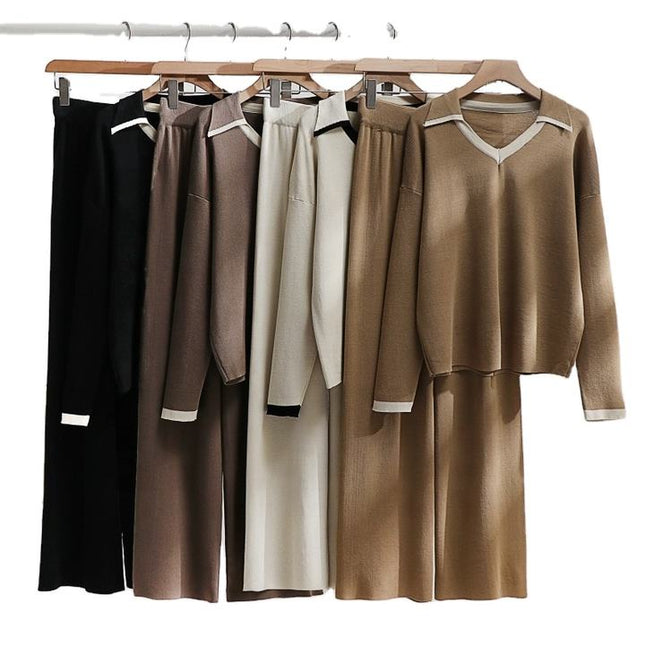 Casual Loose 2 Piece Set for Women V-neck Top High Waist Knitted Dress Set Jogging Suits Wholesale