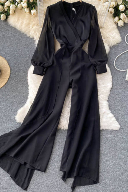 Women's Temperament V-neck High-end Jumpsuit High Waisted and Slim Mesh Patchwork Jumpsuit