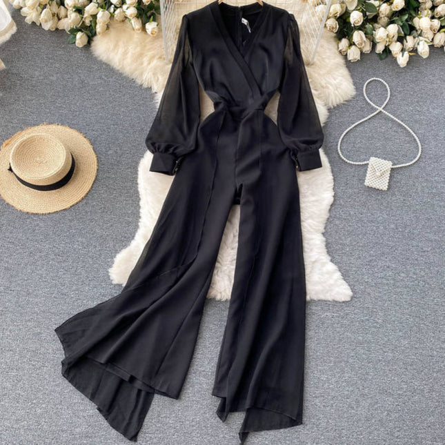 Women's Temperament V-neck High-end Jumpsuit High Waisted and Slim Mesh Patchwork Jumpsuit