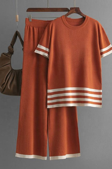 Summer Contrast Stripe Split Short Sleeve Knitwear High Waist Slim Pants Women's Set