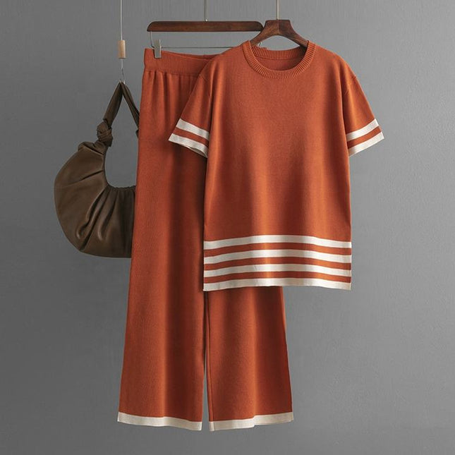 Summer Contrast Stripe Split Short Sleeve Knitwear High Waist Slim Pants Women's Set