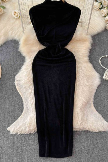 Dress goddess style temperament scheming pleated waist slimming half high collar skirt European and American long skirt