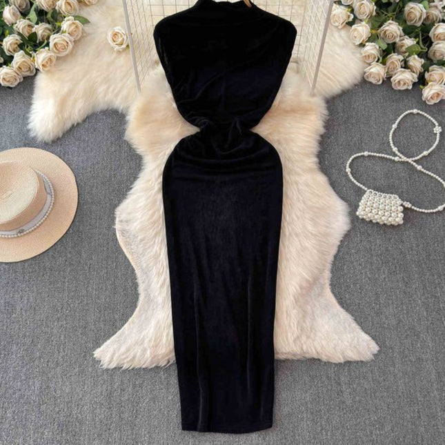 Dress goddess style temperament scheming pleated waist slimming half high collar skirt European and American long skirt