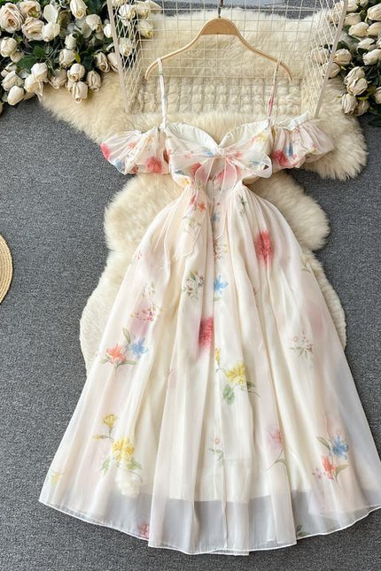 Plunge Halter Women Summer Floral Bubble Sleeve Mesh Dresses