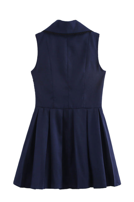 Turn Down Collar Navy Color Sleeveless Casual Fashion Summer Mini Dress for Women