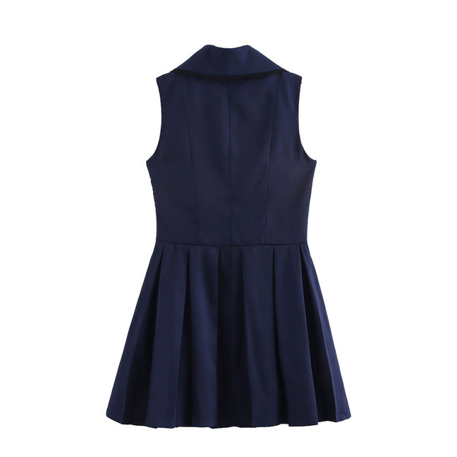 Turn Down Collar Navy Color Sleeveless Casual Fashion Summer Mini Dress for Women