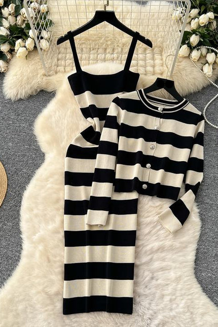 Striped Cardigan Coat Two-piece Dress for Women Vintage Charm Elegant Temperament Slimming Effect Sexy Form-fitting Maxi Dress