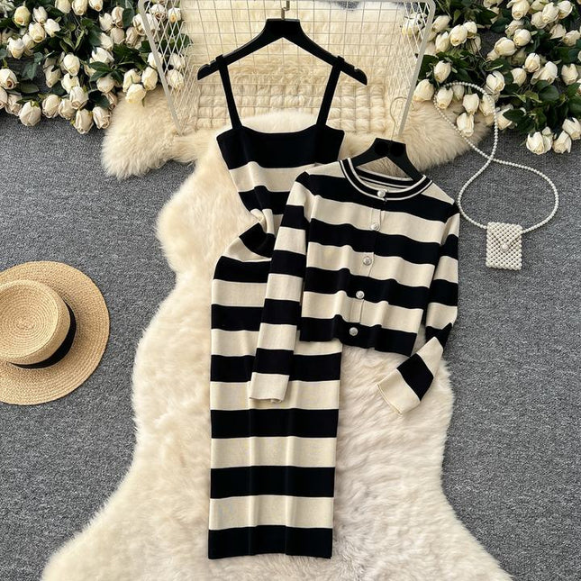 Striped Cardigan Coat Two-piece Dress for Women Vintage Charm Elegant Temperament Slimming Effect Sexy Form-fitting Maxi Dress