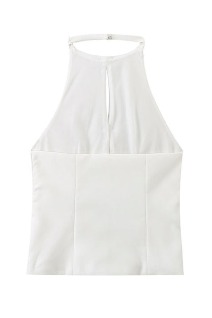 White Color Front Bow Tie With Beading Back Hollow Out Casual Fashion tank Top for Women