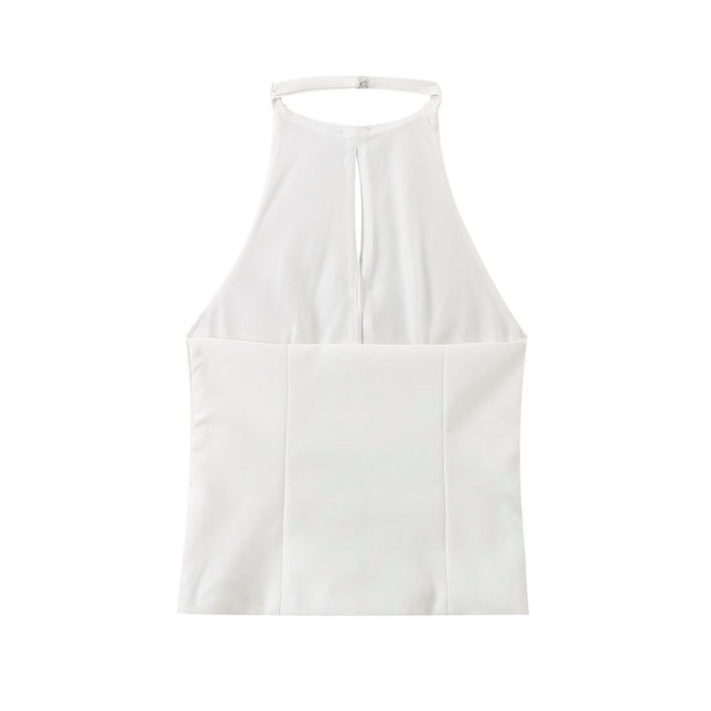 White Color Front Bow Tie With Beading Back Hollow Out Casual Fashion tank Top for Women