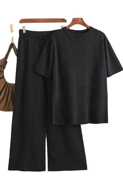 Fashion Knitwear Set in Long Solid Color Loose Split Knitwear + High Waist Lace-up Pants Two-piece Set