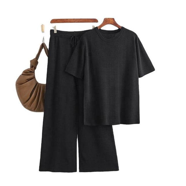 Fashion Knitwear Set in Long Solid Color Loose Split Knitwear + High Waist Lace-up Pants Two-piece Set