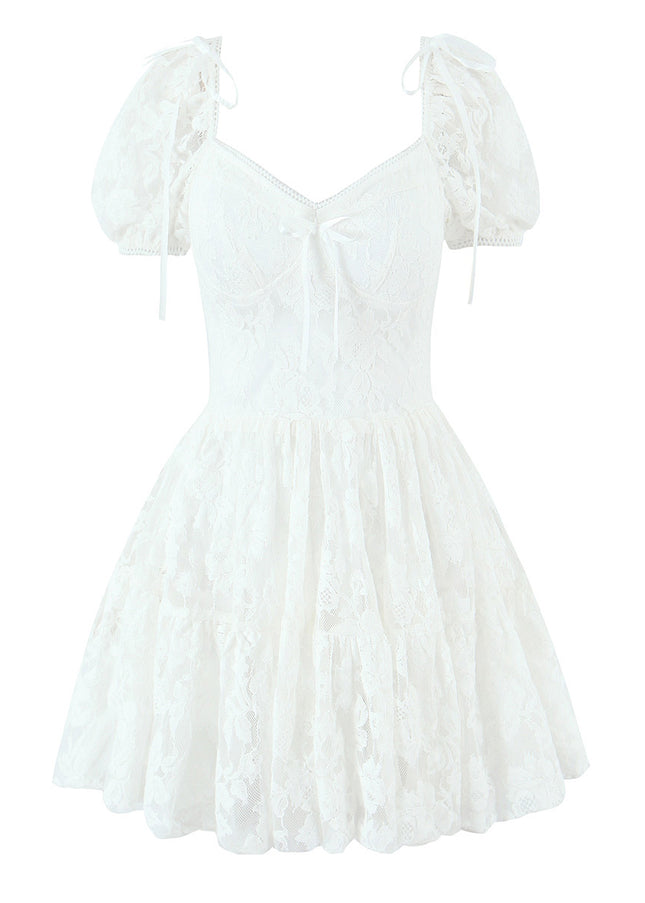 2 Colorway square Collar Short Sleeve Floral Lace Solid Color Casual Fashion Summer Mini Dress for Women