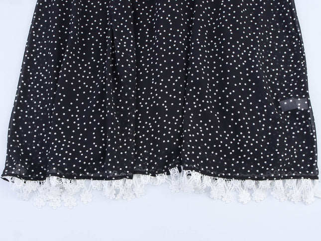Square Collar Back Bow Tie Black Color Polka Dot Print Casual Fashion Summer Long Dress for Women